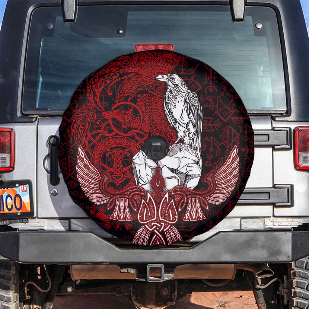 Raven and Serpent Norse Mythology Spare Tire Cover Red and White Viking Line Art
