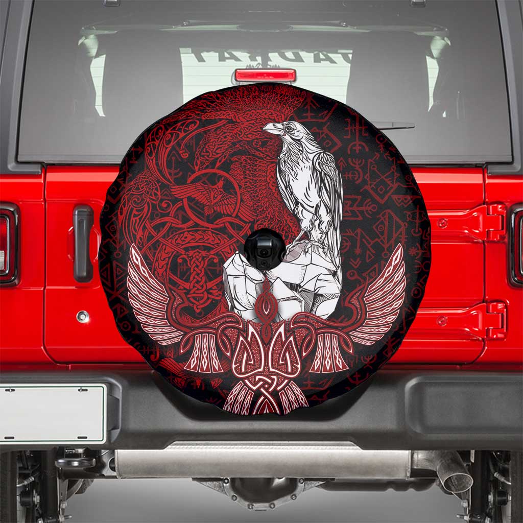 Raven and Serpent Norse Mythology Spare Tire Cover Red and White Viking Line Art