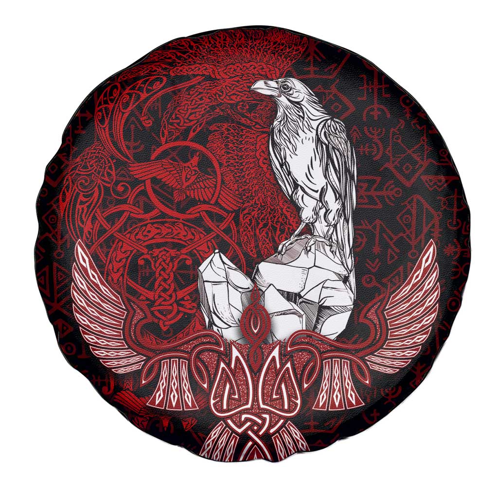 Raven and Serpent Norse Mythology Spare Tire Cover Red and White Viking Line Art