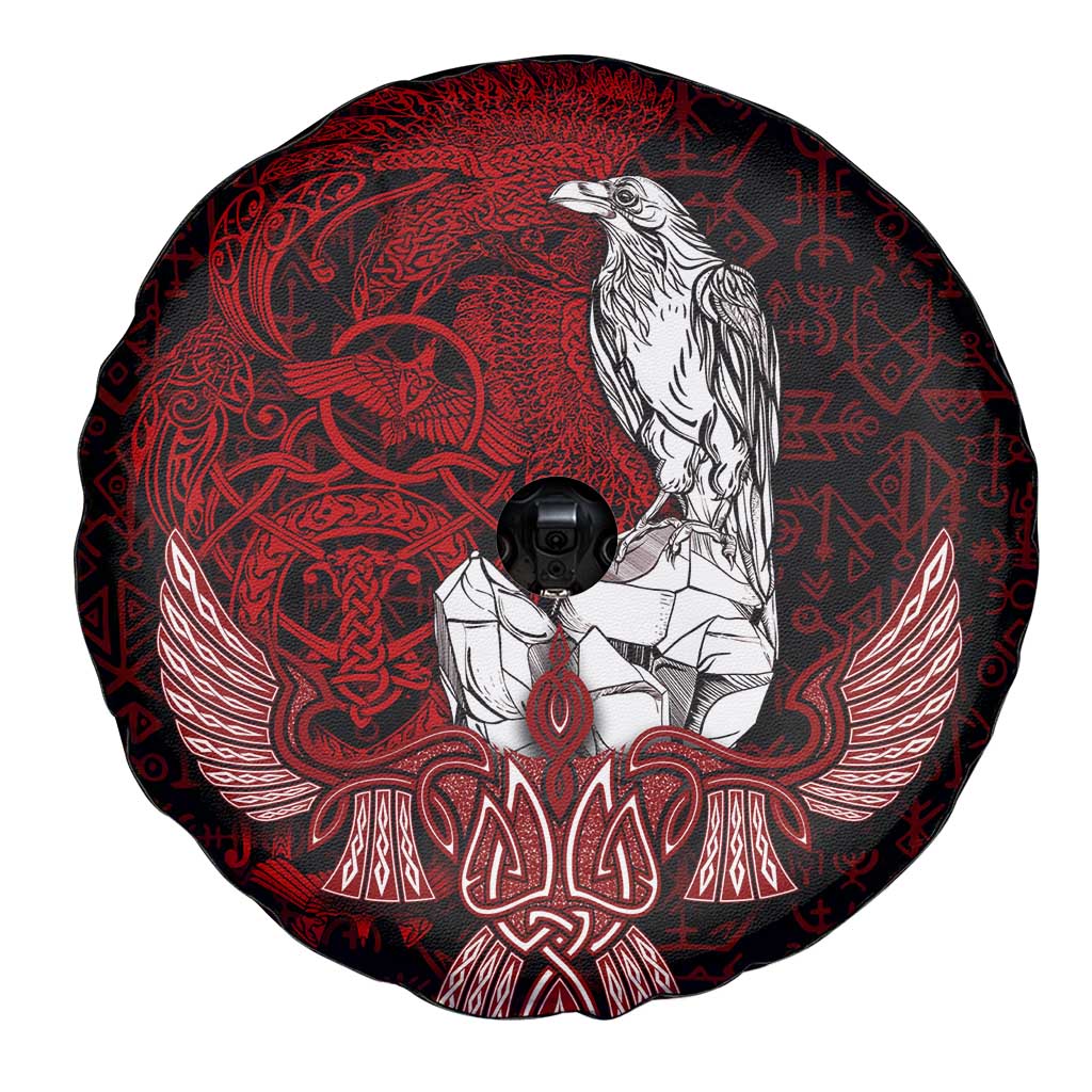 Raven and Serpent Norse Mythology Spare Tire Cover Red and White Viking Line Art