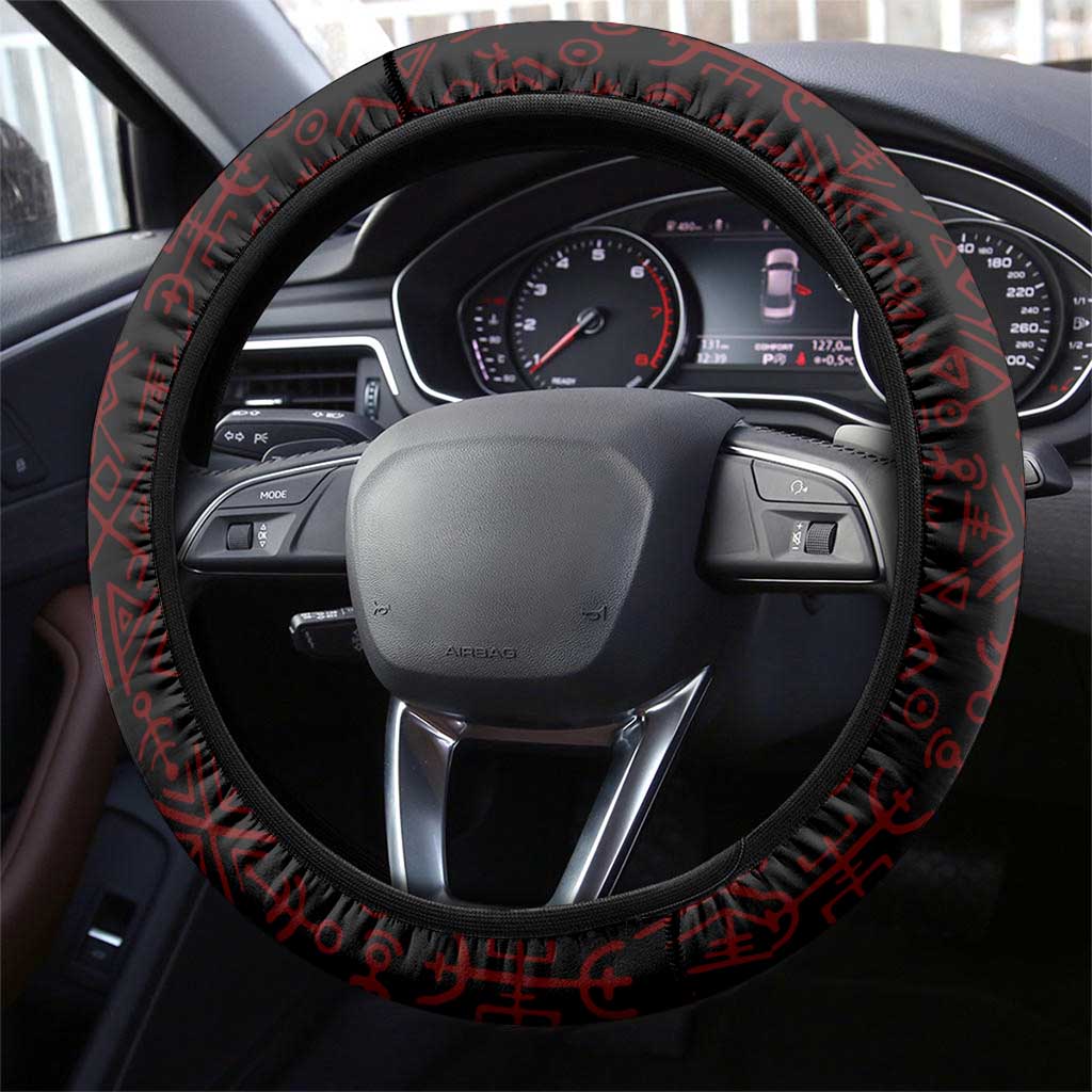 Raven and Serpent Norse Mythology Steering Wheel Cover Red and White Viking Line Art