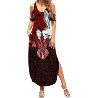 Raven and Serpent Norse Mythology Summer Maxi Dress Red and White Viking Line Art