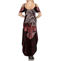Raven and Serpent Norse Mythology Summer Maxi Dress Red and White Viking Line Art