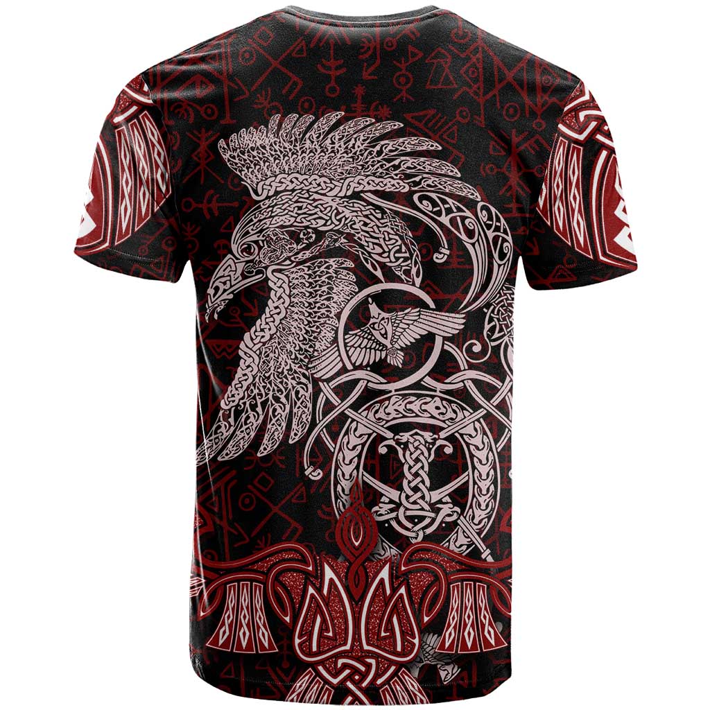 Raven and Serpent Norse Mythology T Shirt Red and White Viking Line Art
