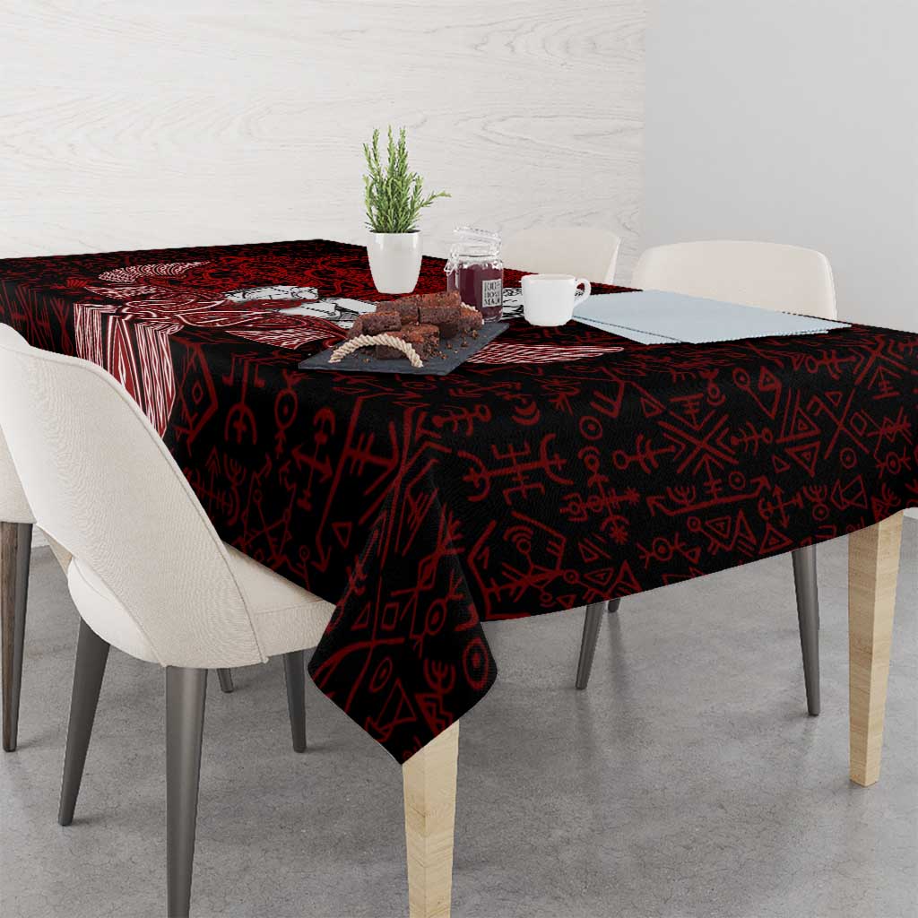 Raven and Serpent Norse Mythology Tablecloth Red and White Viking Line Art