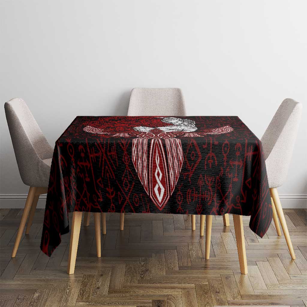 Raven and Serpent Norse Mythology Tablecloth Red and White Viking Line Art