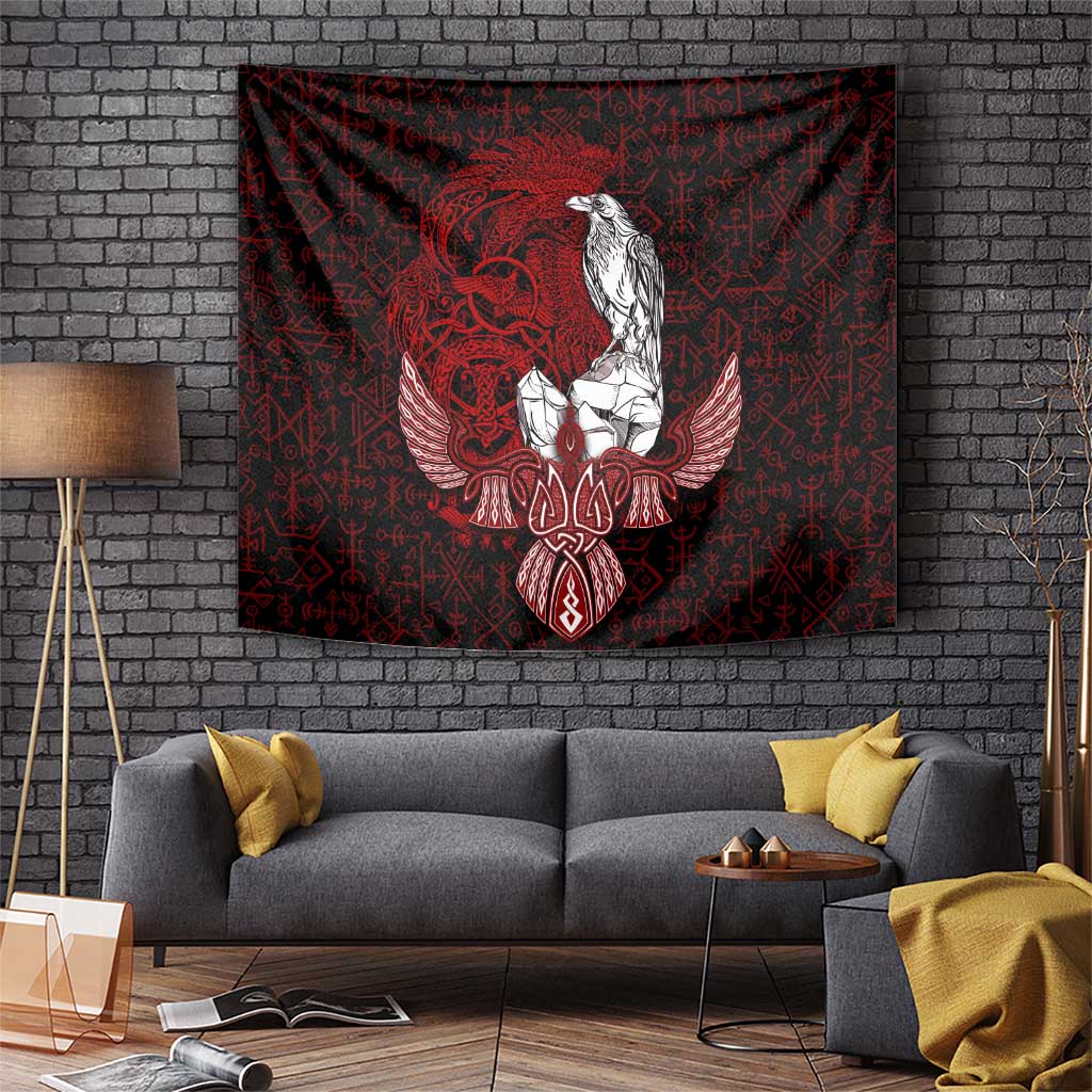Raven and Serpent Norse Mythology Tapestry Red and White Viking Line Art