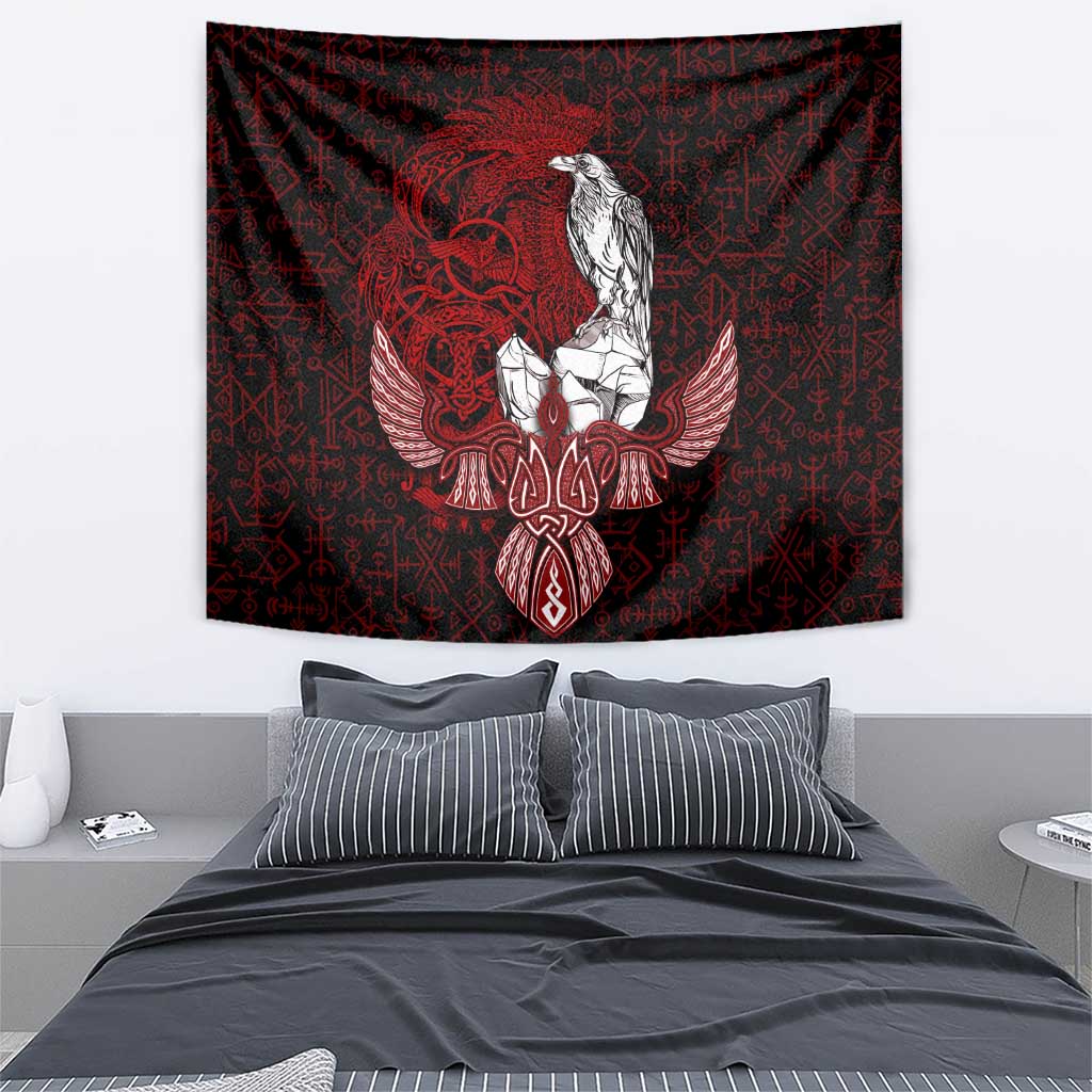 Raven and Serpent Norse Mythology Tapestry Red and White Viking Line Art