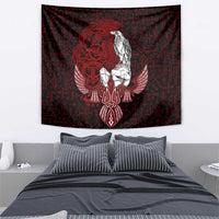 Raven and Serpent Norse Mythology Tapestry Red and White Viking Line Art