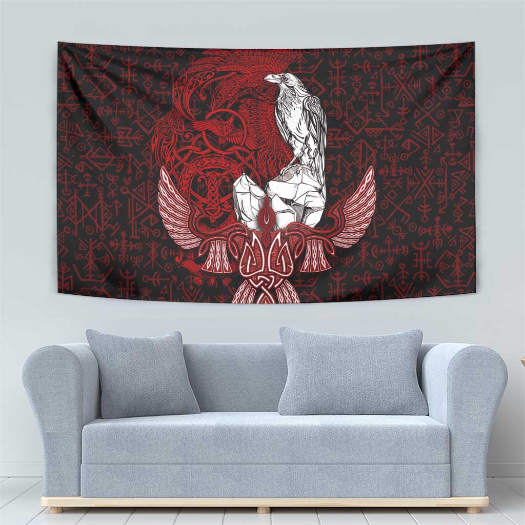 Raven and Serpent Norse Mythology Tapestry Red and White Viking Line Art