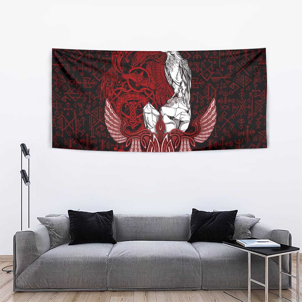 Raven and Serpent Norse Mythology Tapestry Red and White Viking Line Art