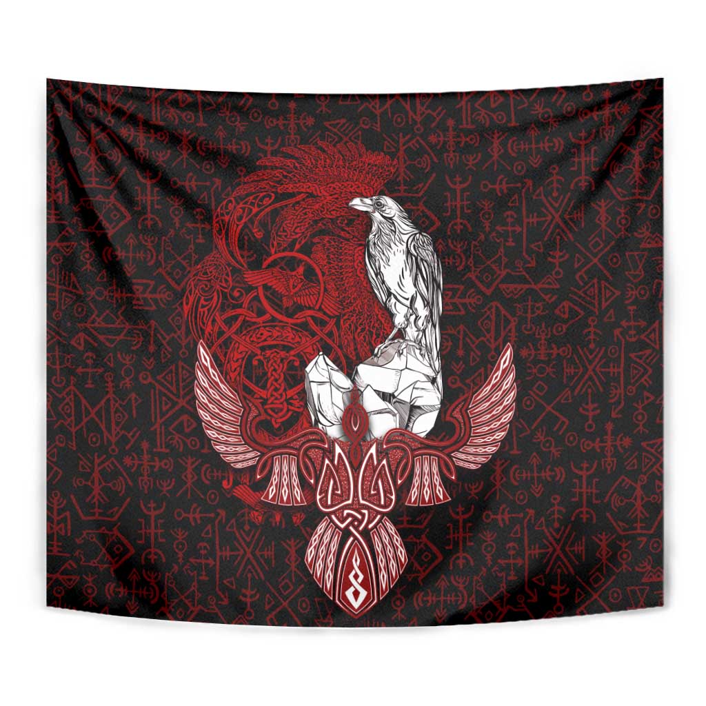 Raven and Serpent Norse Mythology Tapestry Red and White Viking Line Art