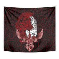 Raven and Serpent Norse Mythology Tapestry Red and White Viking Line Art