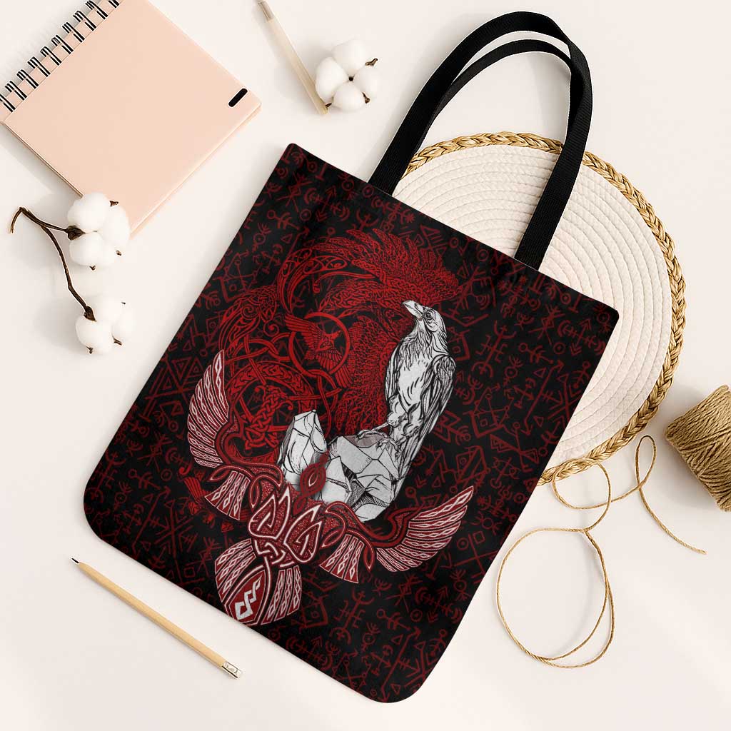 Raven and Serpent Norse Mythology Tote Bag Red and White Viking Line Art
