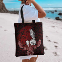 Raven and Serpent Norse Mythology Tote Bag Red and White Viking Line Art