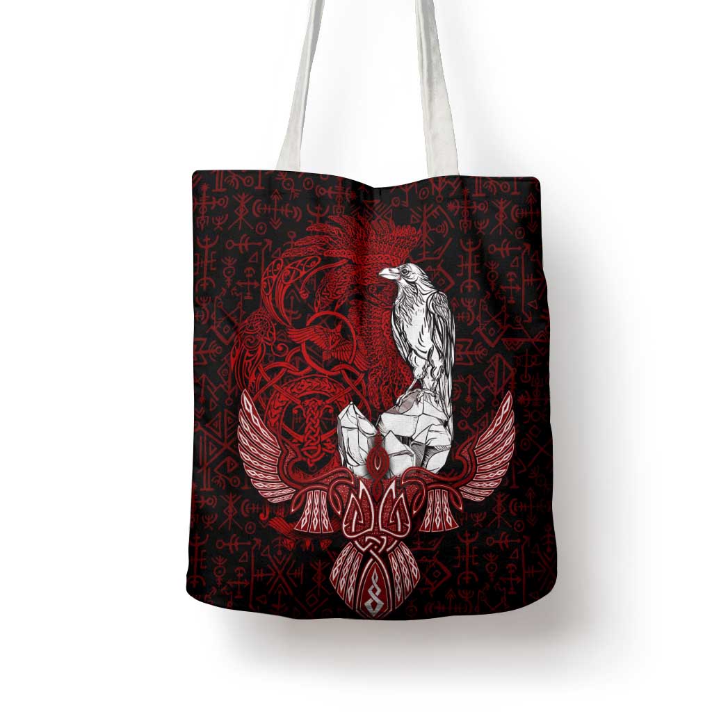 Raven and Serpent Norse Mythology Tote Bag Red and White Viking Line Art