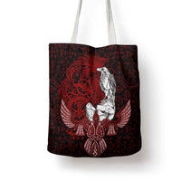 Raven and Serpent Norse Mythology Tote Bag Red and White Viking Line Art