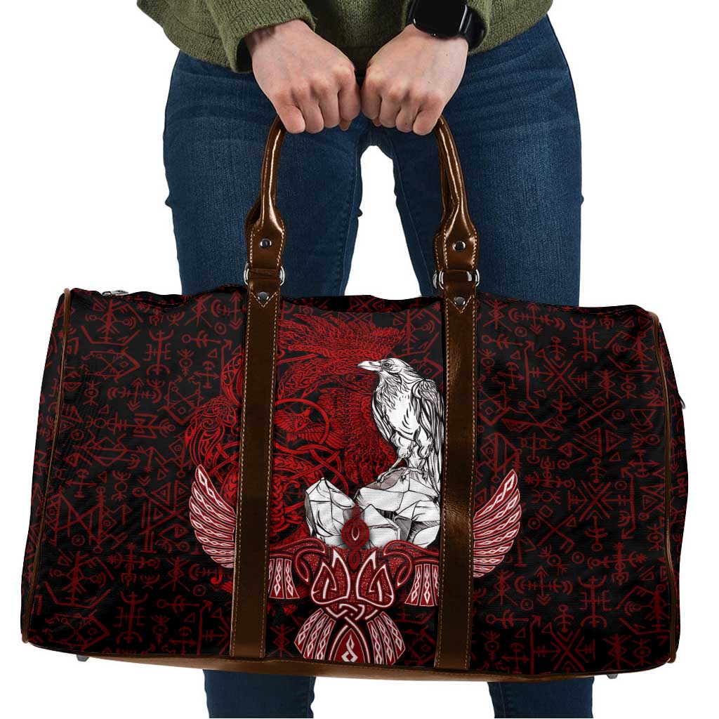 Raven and Serpent Norse Mythology Travel Bag Red and White Viking Line Art