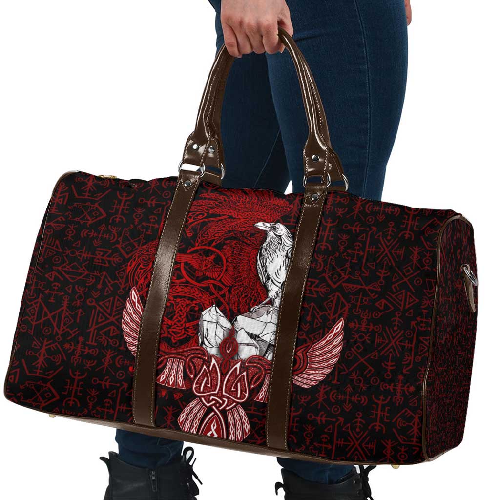 Raven and Serpent Norse Mythology Travel Bag Red and White Viking Line Art