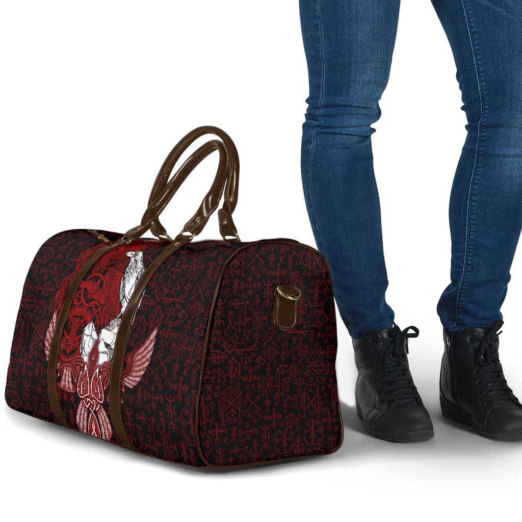 Raven and Serpent Norse Mythology Travel Bag Red and White Viking Line Art