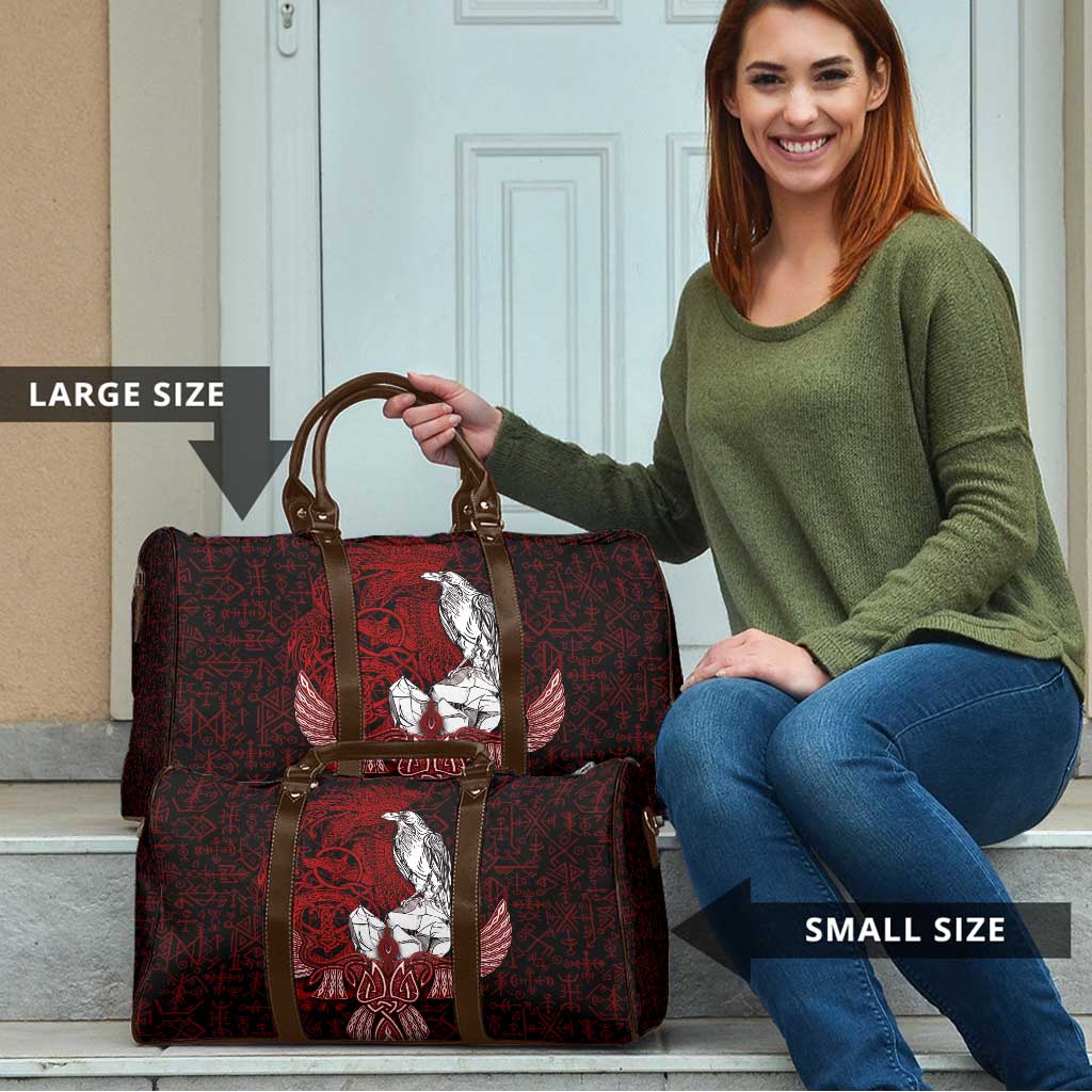 Raven and Serpent Norse Mythology Travel Bag Red and White Viking Line Art