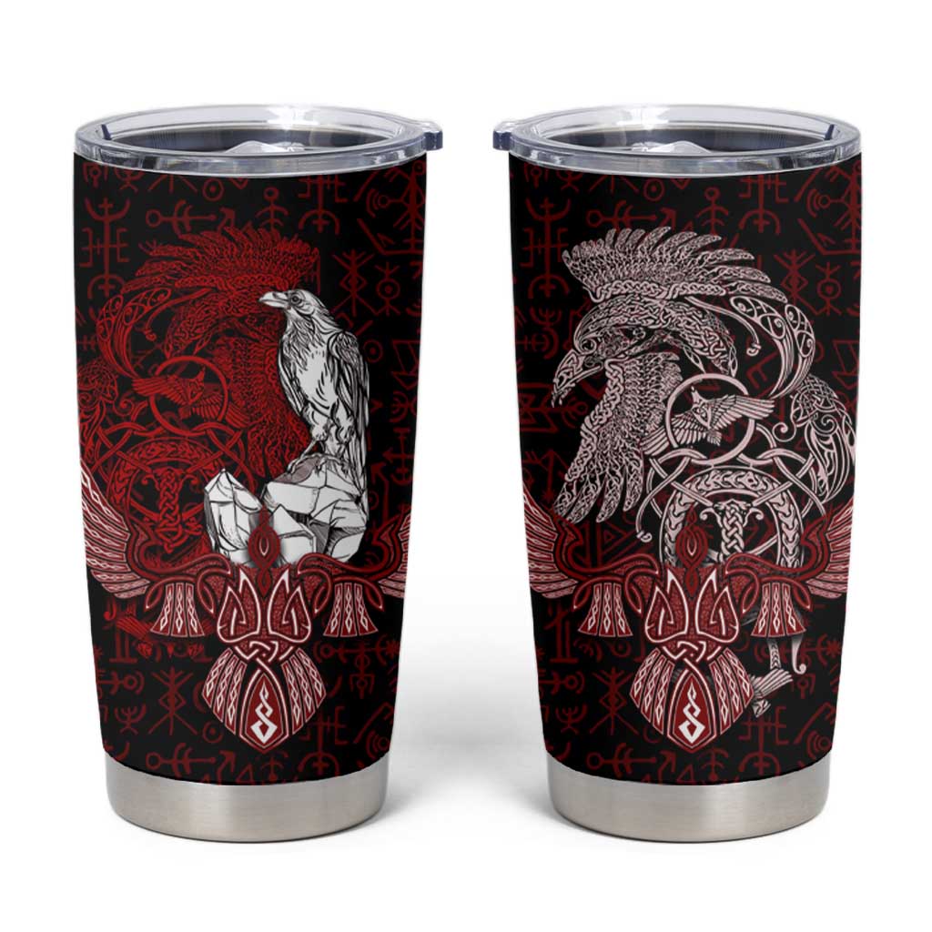 Raven and Serpent Norse Mythology Tumbler Cup Red and White Viking Line Art