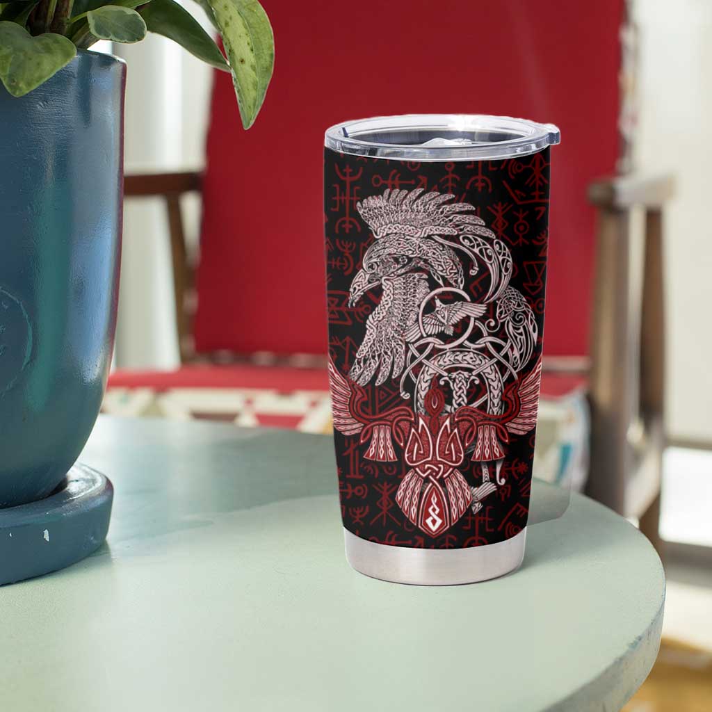 Raven and Serpent Norse Mythology Tumbler Cup Red and White Viking Line Art