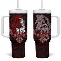 Raven and Serpent Norse Mythology Tumbler With Handle Red and White Viking Line Art