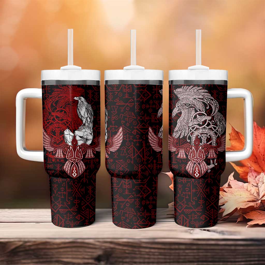 Raven and Serpent Norse Mythology Tumbler With Handle Red and White Viking Line Art