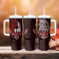 Raven and Serpent Norse Mythology Tumbler With Handle Red and White Viking Line Art