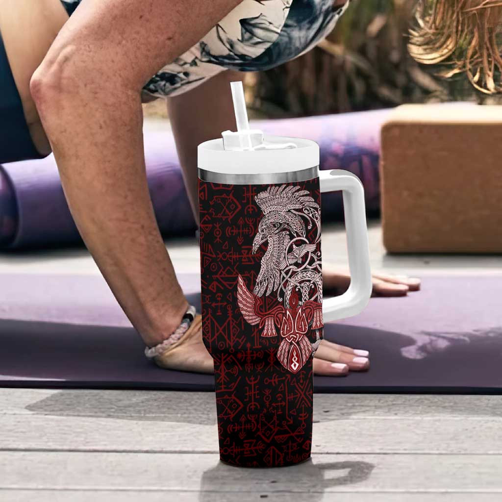 Raven and Serpent Norse Mythology Tumbler With Handle Red and White Viking Line Art