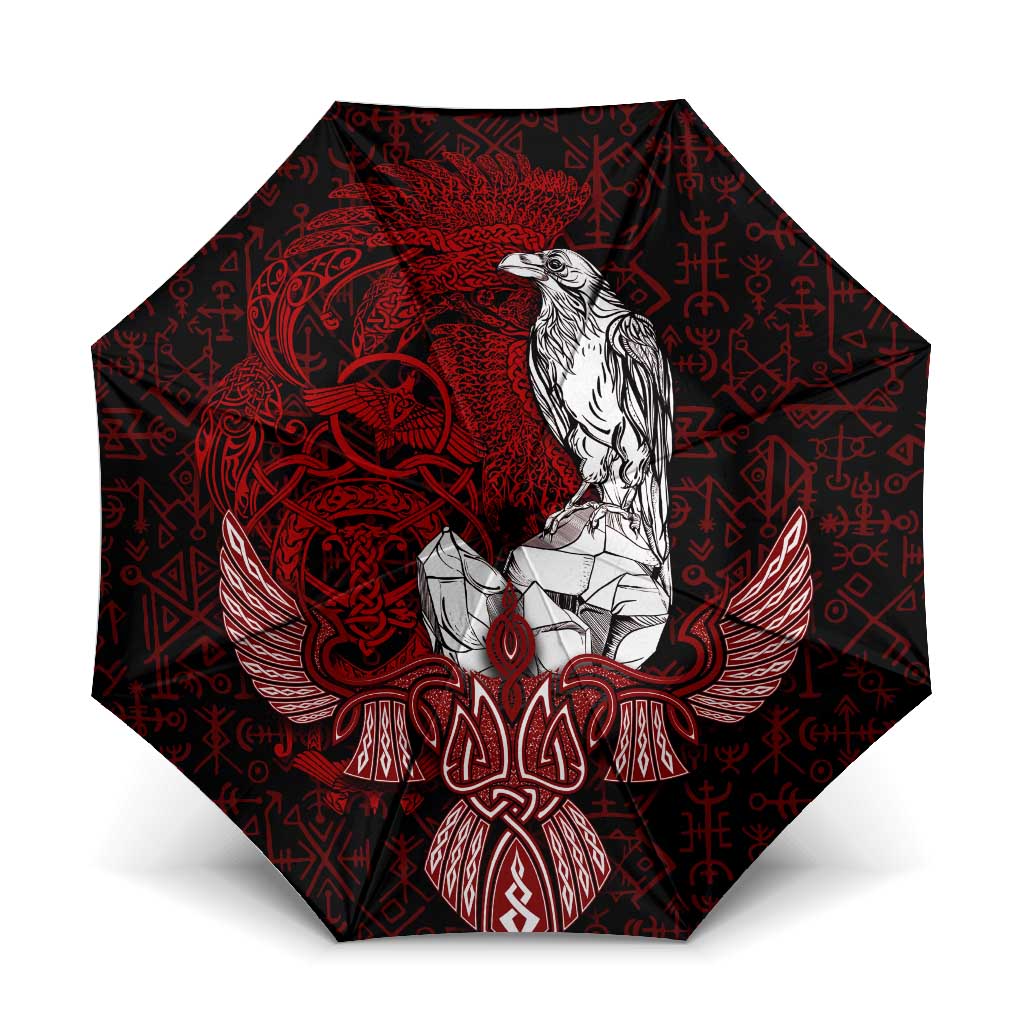 Raven and Serpent Norse Mythology Umbrella Red and White Viking Line Art