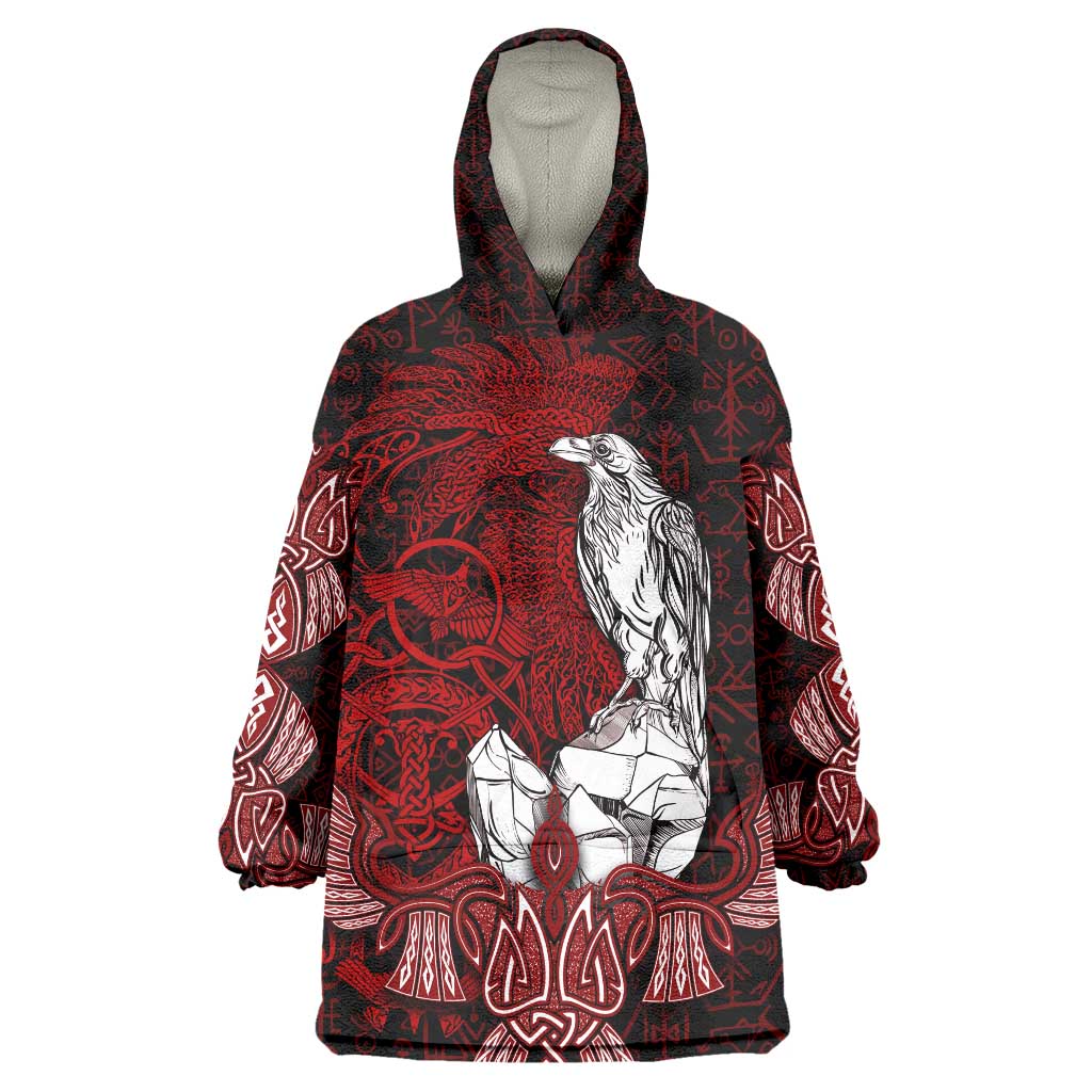 Raven and Serpent Norse Mythology Wearable Blanket Hoodie Red and White Viking Line Art