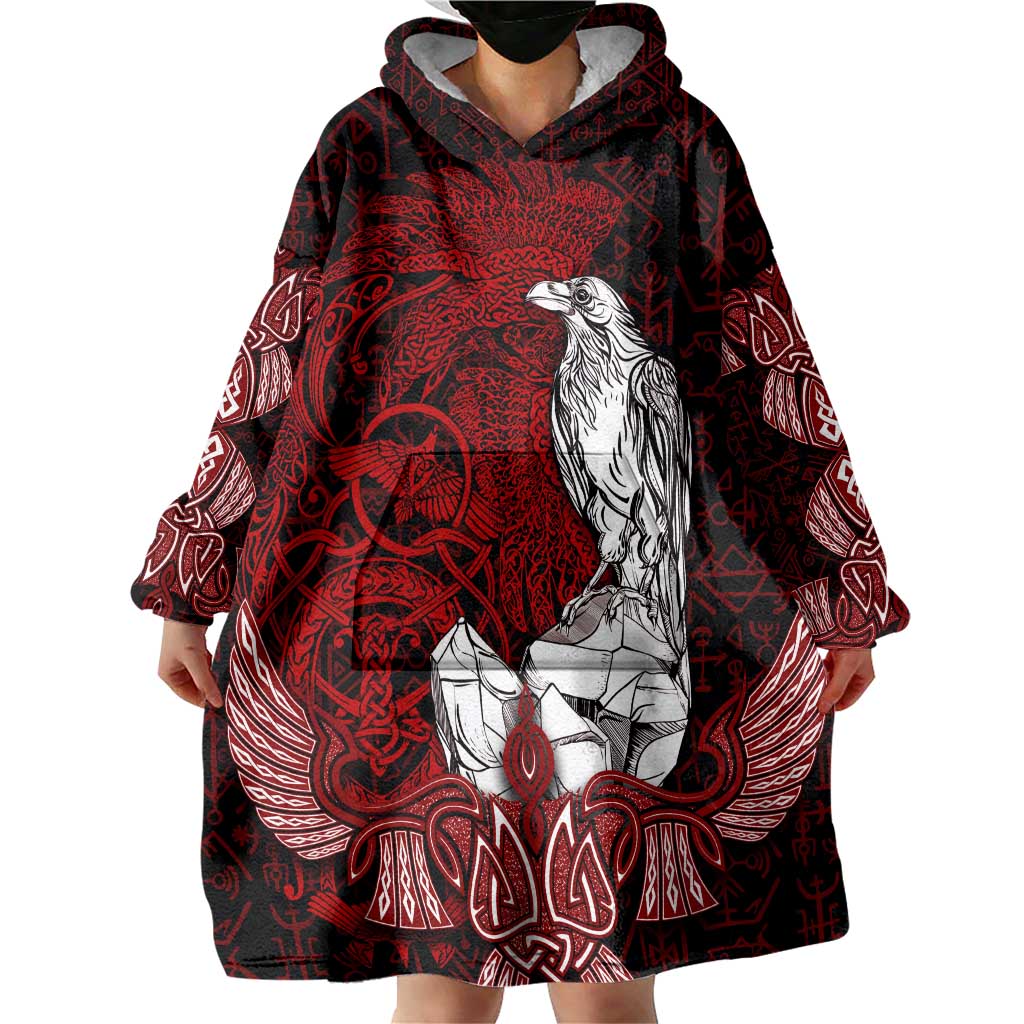 Raven and Serpent Norse Mythology Wearable Blanket Hoodie Red and White Viking Line Art