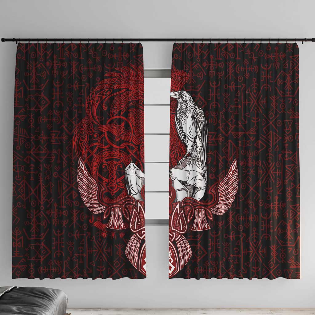 Raven and Serpent Norse Mythology Window Curtain Red and White Viking Line Art