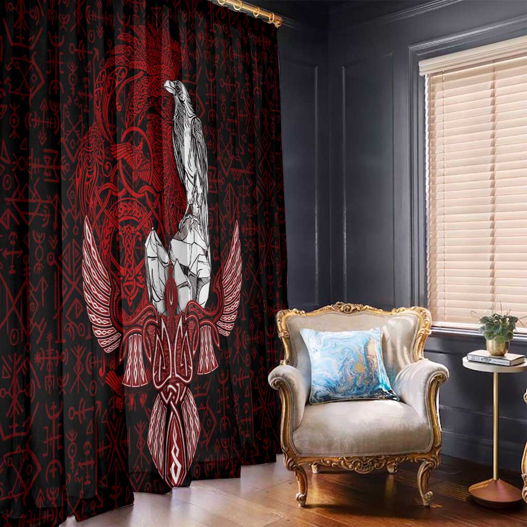 Raven and Serpent Norse Mythology Window Curtain Red and White Viking Line Art