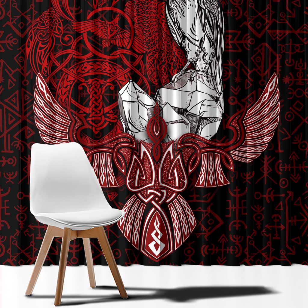 Raven and Serpent Norse Mythology Window Curtain Red and White Viking Line Art
