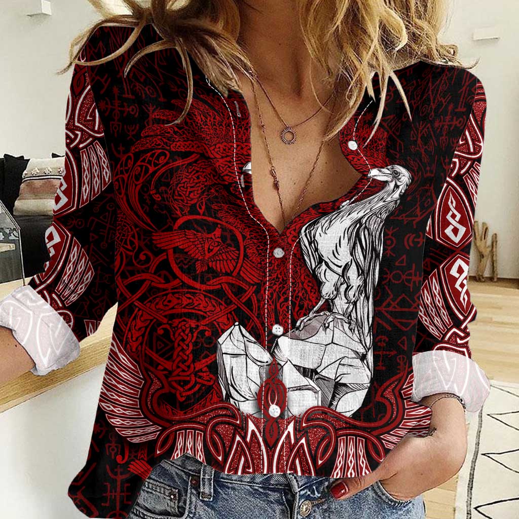 Raven and Serpent Norse Mythology Women Casual Shirt Red and White Viking Line Art