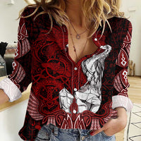 Raven and Serpent Norse Mythology Women Casual Shirt Red and White Viking Line Art