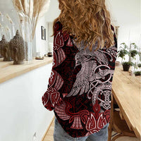 Raven and Serpent Norse Mythology Women Casual Shirt Red and White Viking Line Art
