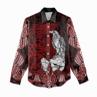 Raven and Serpent Norse Mythology Women Casual Shirt Red and White Viking Line Art
