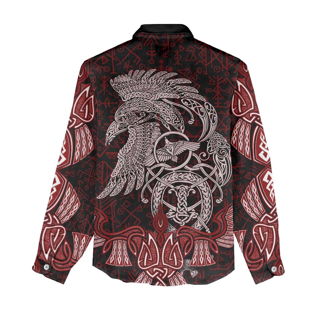 Raven and Serpent Norse Mythology Women Casual Shirt Red and White Viking Line Art