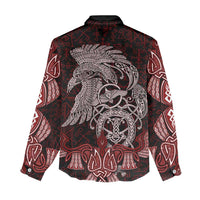 Raven and Serpent Norse Mythology Women Casual Shirt Red and White Viking Line Art