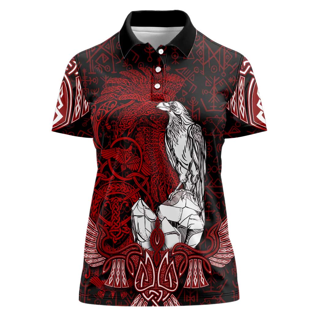 Raven and Serpent Norse Mythology Women Polo Shirt Red and White Viking Line Art