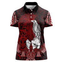 Raven and Serpent Norse Mythology Women Polo Shirt Red and White Viking Line Art