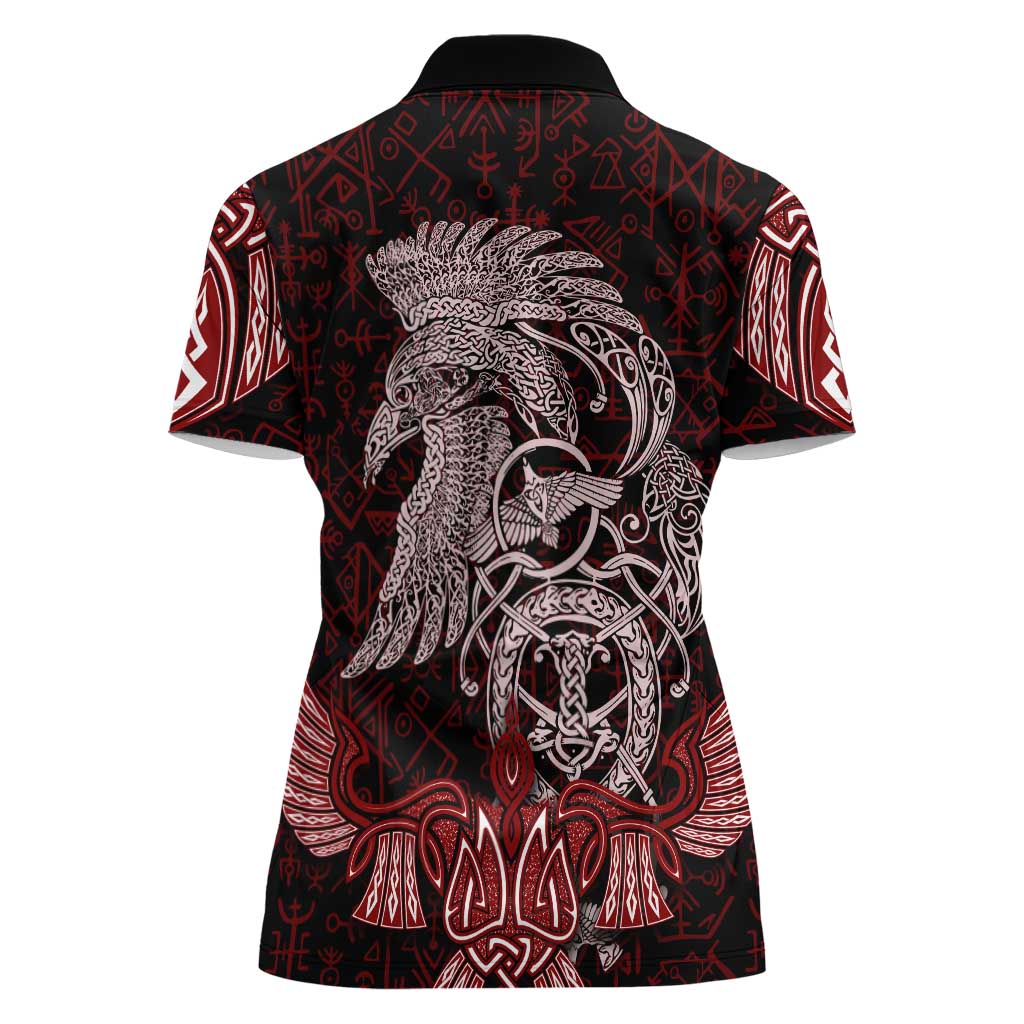 Raven and Serpent Norse Mythology Women Polo Shirt Red and White Viking Line Art