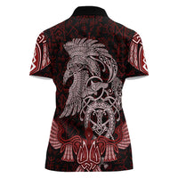 Raven and Serpent Norse Mythology Women Polo Shirt Red and White Viking Line Art