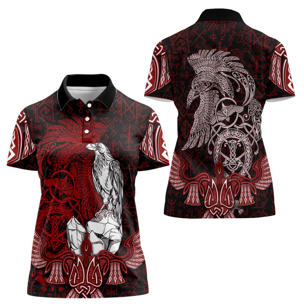 Raven and Serpent Norse Mythology Women Polo Shirt Red and White Viking Line Art