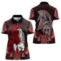 Raven and Serpent Norse Mythology Women Polo Shirt Red and White Viking Line Art