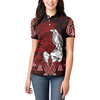 Raven and Serpent Norse Mythology Women Polo Shirt Red and White Viking Line Art